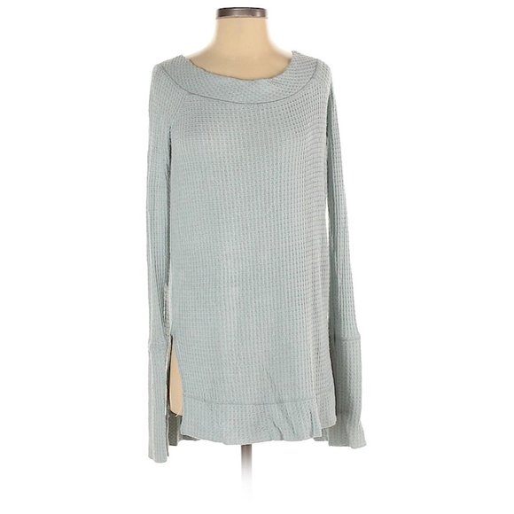Free People Kate Thermal Waffle Tunic Sweater Off The Shoulder Top Sea Mist Sz S - Picture 3 of 9